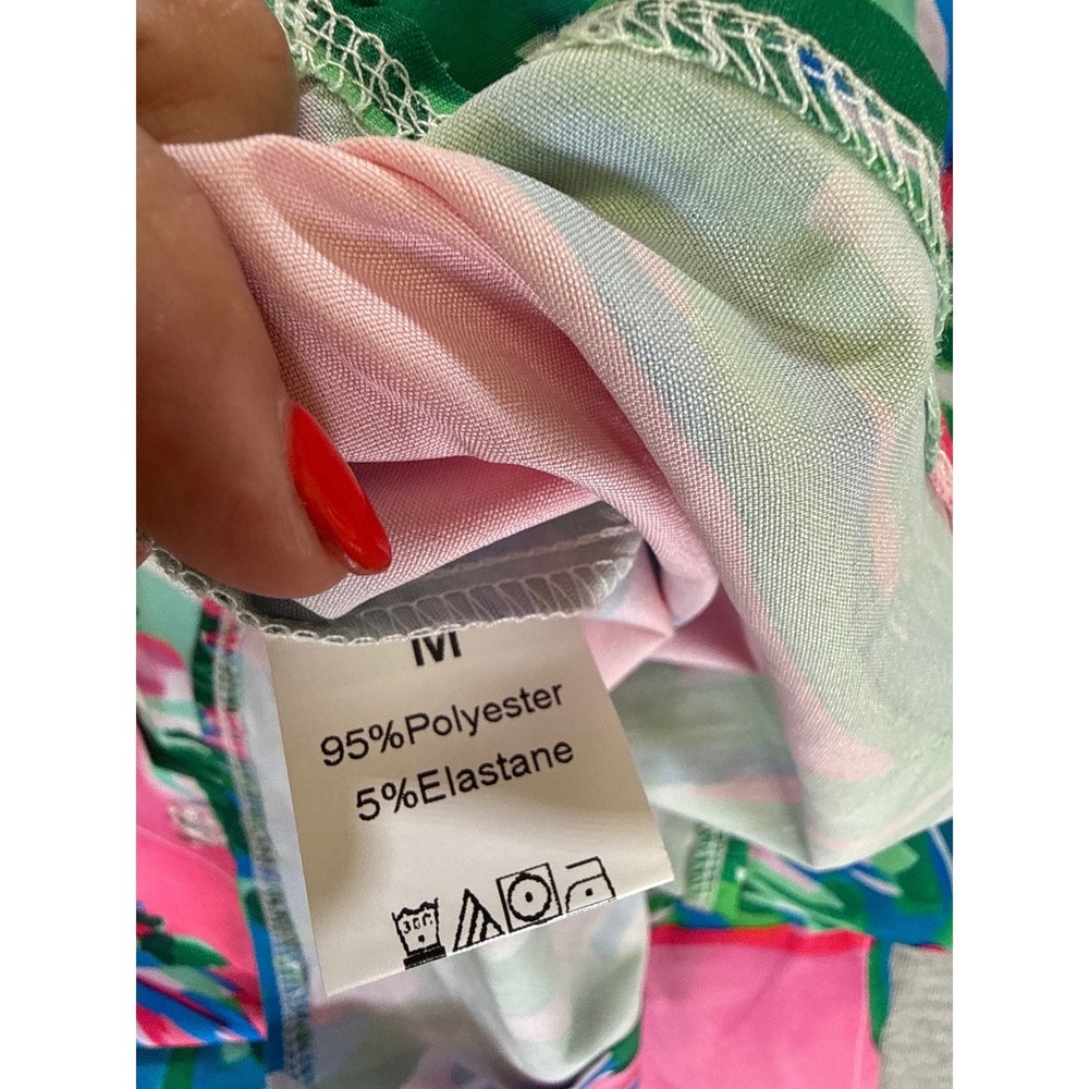 Tropical Palm Print Button Down Shirt Dress Cover up Pink Green Blue Size M - Picture 6 of 6
